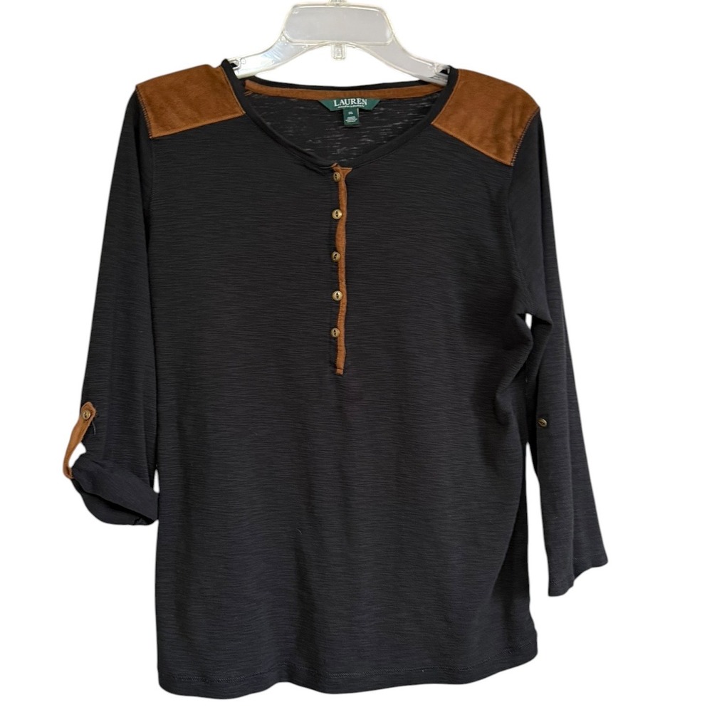 Lauren Ralph Lauren Navy Blue Henley Top Faux Suede‎ Shoulder Patches XL